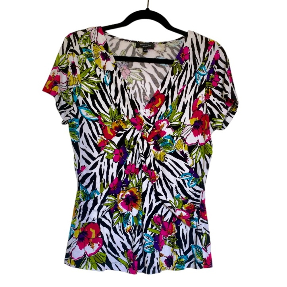 Vintage Spense Knits Zebra Floral Print Top Size Large Colorful